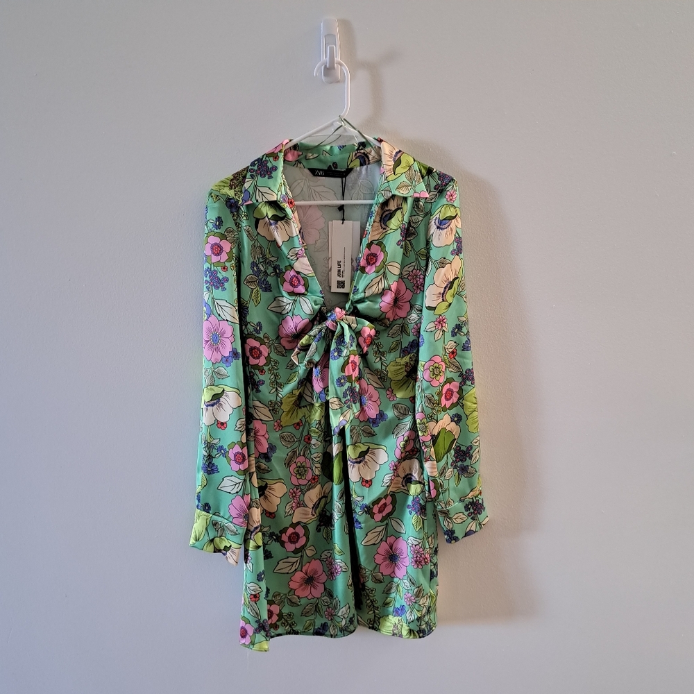 Zara Colorful Floral Collared V-Neck Button-Tie Strap Mini Dress Size Medium NWT